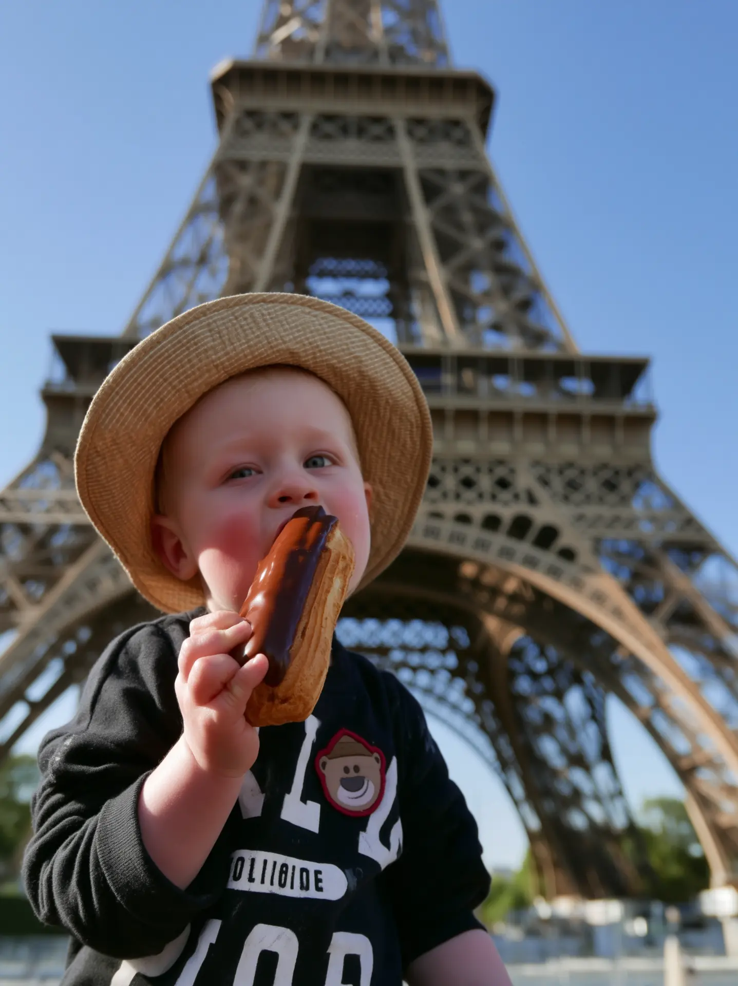 Jett enjoying an éclair beneath the Eiffel Tower in Paris